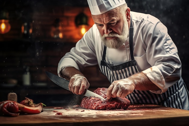 Chef cutting grilled meat steak with knife on wooden background