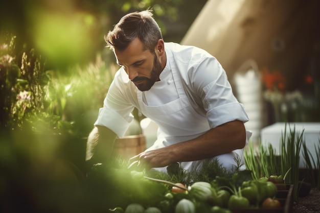 Chef cutting herbs in restaurant herb garden for special dish Close up Generative AI