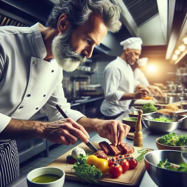 Foto un cuoco che taglia le verdure in una cucina