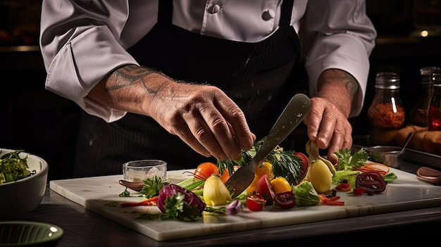 chef cutting vegetables on a cutting board with a knife.