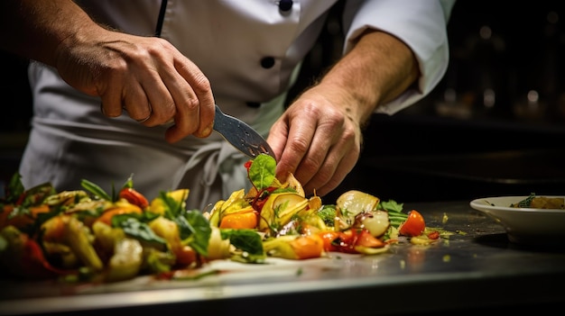 chef cutting vegetables with a knife in the kitchen.