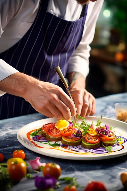 Foto lo chef decora il piatto con erbe e fiori.