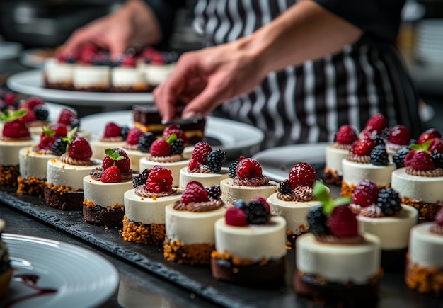 Chef decorating desserts with berries in restaurant