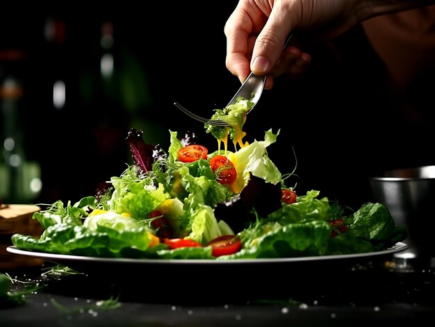 Photo chef dressing salad with fresh greens