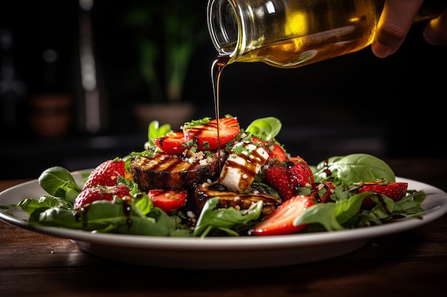A chef drizzling balsamic glaze over a strawberry spinach salad