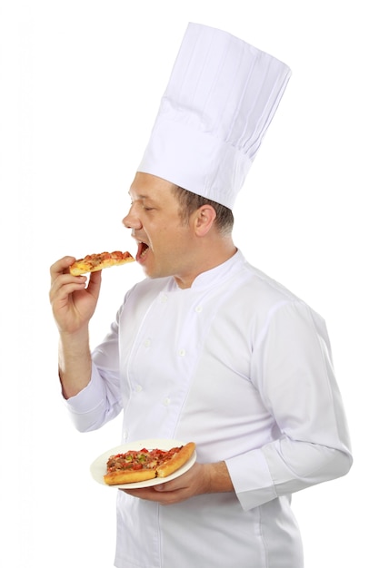 Chef eating pizza