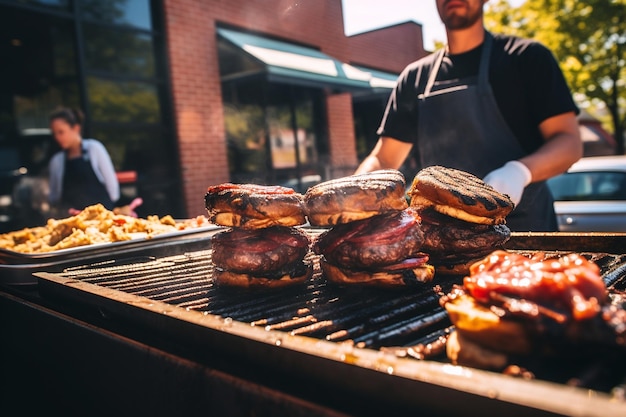 Photo a chef flipping burgers on a hot grill at a bbq cookout