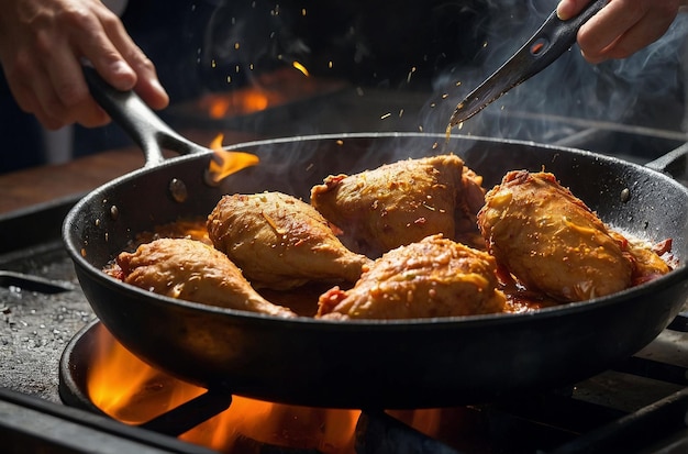 Фото Шеф-повар жарит курицу на сковородке