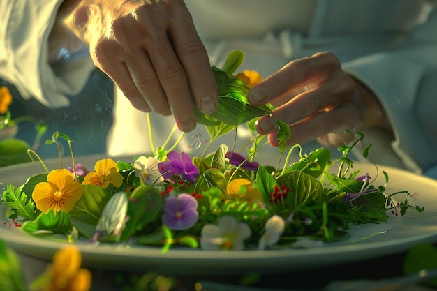 写真 食用花でグルメサラダを飾るシェフ
