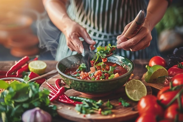 Foto chef che guarnisce una ciotola di menudo con erbe fresche