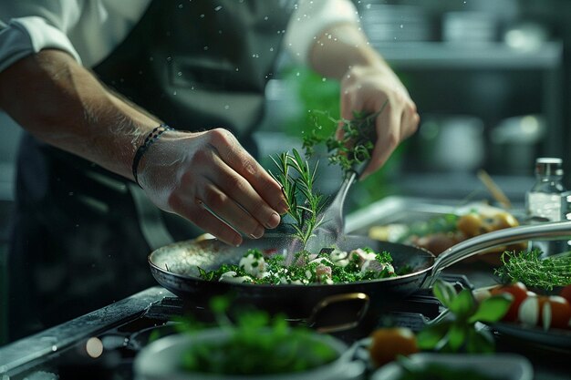 Foto chef garnishing piatto con erbe in cucina