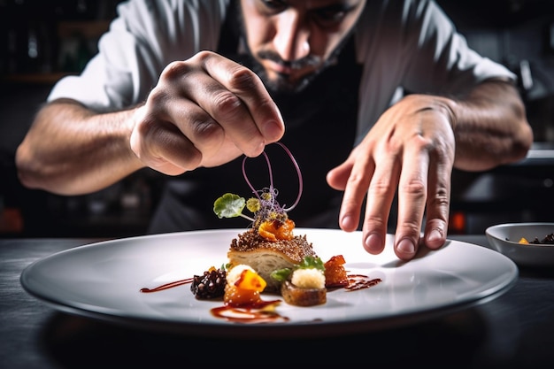 Chef garnishing exquisite plate of food