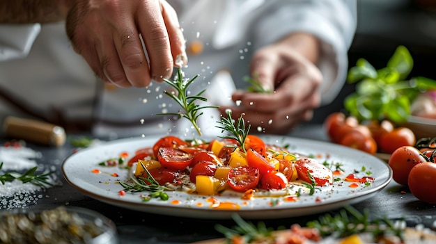 Chef Garnishing Fresh Vegetable Salad with Herbs Culinary Art in de moderne keuken Gezond eten Concept AI