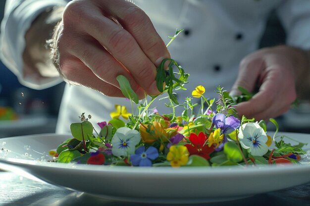 Photo chef garnishing a gourmet salad with edible flower