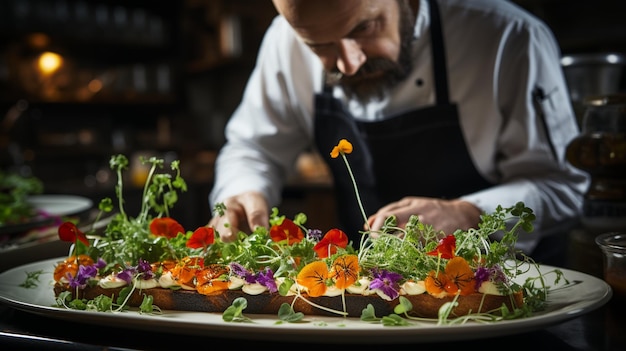 Photo a chef garnishing plate microgreens background
