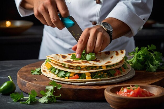 Chef garnishing a quesadilla with