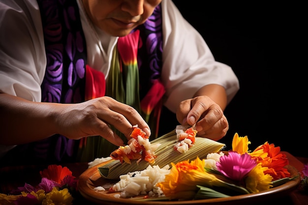 Foto uno chef che guarnisce i tamales con una spruzzatura di cilantro tritato