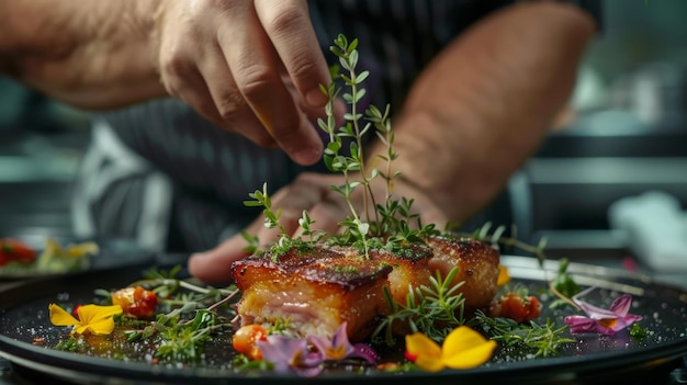 Foto uno chef che guarnisce un piatto di pancia di maiale a tre strati con erbe fresche e fiori commestibili aggiungendo un tocco di eleganza alla presentazione