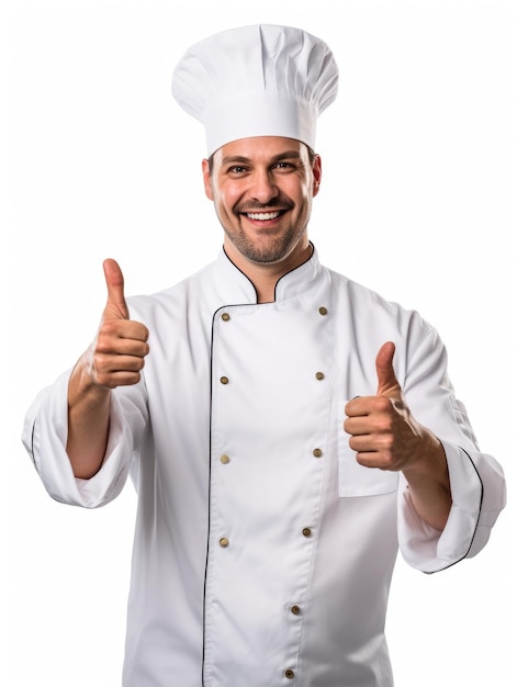 Chef giving thumbs up in isolated white background