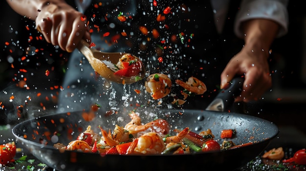 Foto chef gooit garnalen en groenten in een pan in een dynamische beweging tegen een zwarte achtergrond