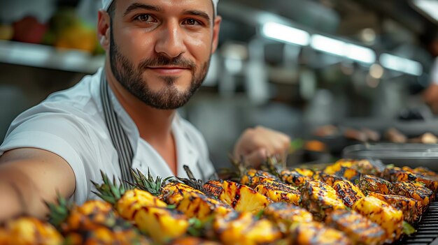 Foto chef grillend tropische kebabs met ananas close-up