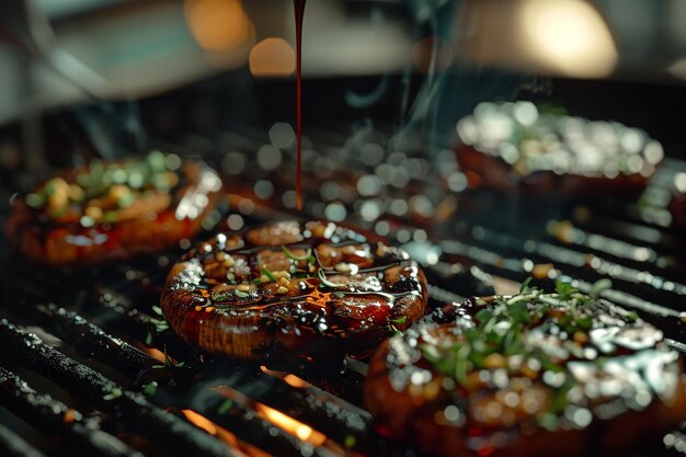 A chef grilling marinated portobello mushrooms on