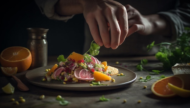 Foto chef mano filetti di maiale fresco con coltello da cucina rustico generato da ai