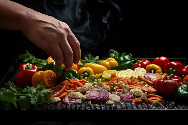 Chef hand view cooking vegetables on a pan Black background for copy text