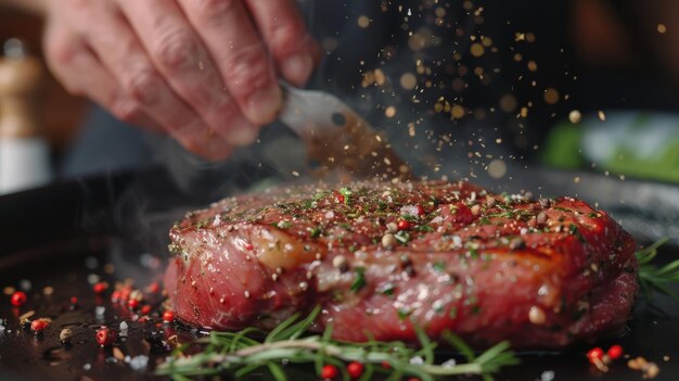 Photo chef hands cooking meat steak and adding seasoning in a freeze motion fresh raw prime black angus beef rump steak