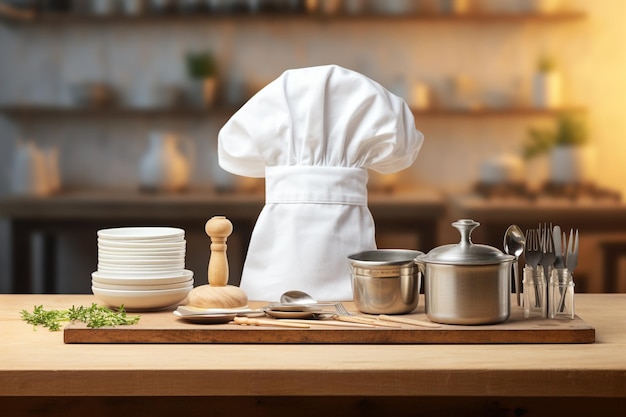 Chef hat and kitchen utensils set in a vintage kitchen background