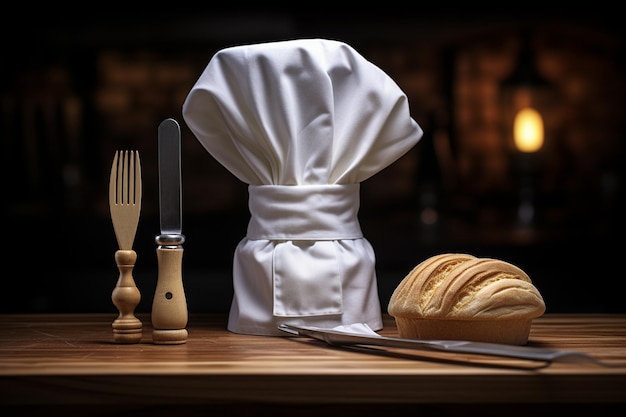 Chef hat and kitchen utensils set in a vintage kitchen background