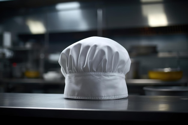 A chef hat sits on a counter in a kitchen.