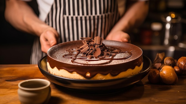 A chef holding a chocolate cake with chocolate icing