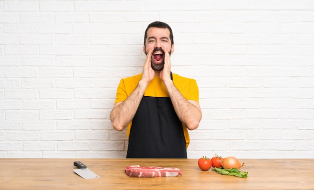 Chef holding in a cuisine shouting and announcing something