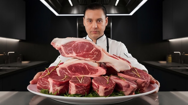 Chef holding fresh raw meat on plate