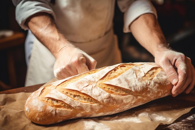 Chef holding freshly bakes baguette traditional French bread