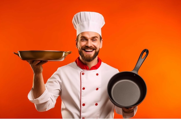 Chef holding a frying pan and a frying pan on orange background