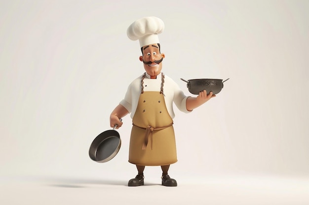 A chef holding a frying pan and a frying pan