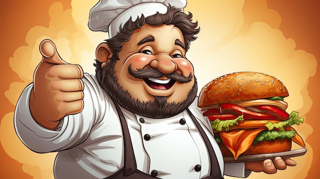 Шеф-повар, держащий гамбургер и поднимающий большой палец.