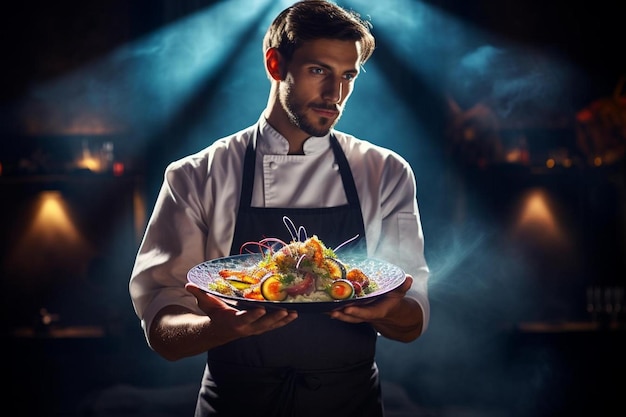 Chef holding a plate of food with a bowl of food in the background.