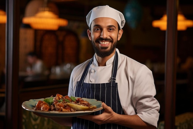 a chef holding a plate of food with a smile on it.