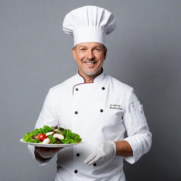 a chef holding a plate of salad and a plate of salad