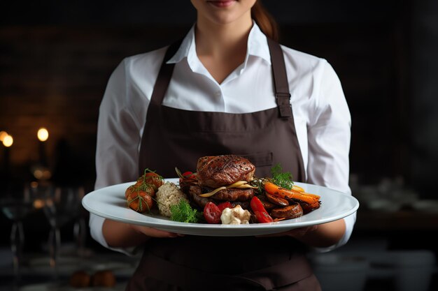 肉の入ったプレートを保持しているシェフ