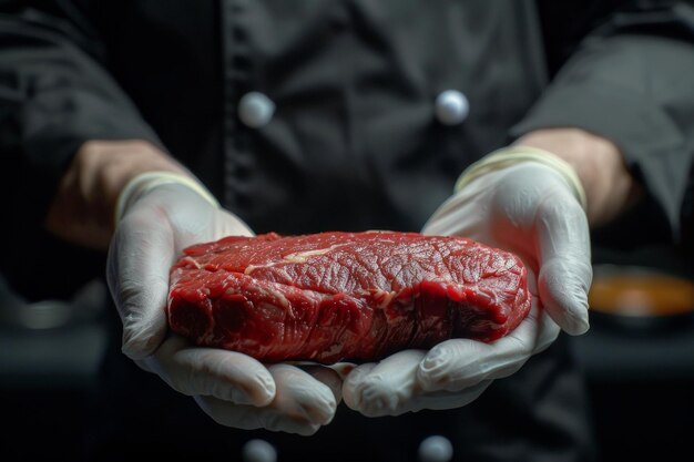 A chef holding a raw beef steak in his hand close up Dark color background Raw meat