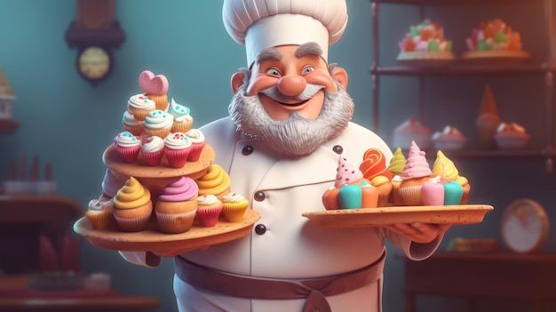 A chef holding a tray of cupcakes in a kitchen.