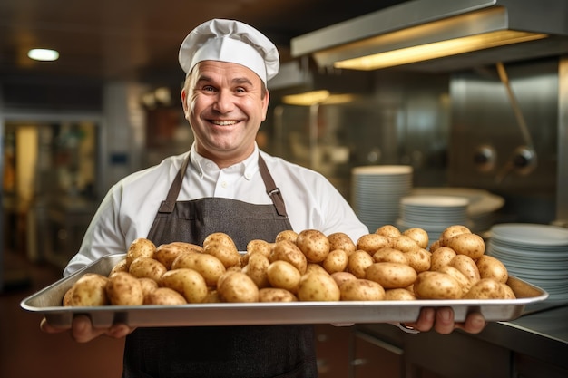 Chef holding a tray full of baked potatoes inside a kitchen