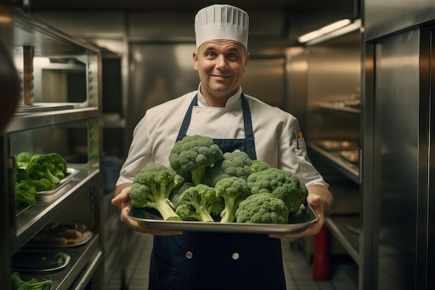 Chef holding a tray full of broccoli inside a kitchen