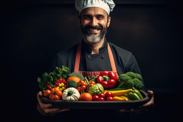 Chef holding a tray full of vegetables inside a kitchen