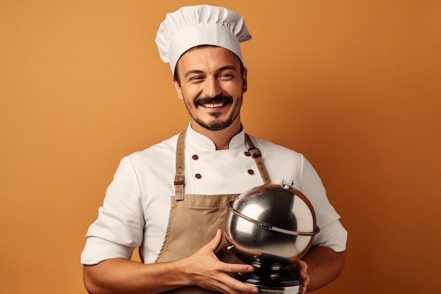 A chef holding a trophy in front of an orange background