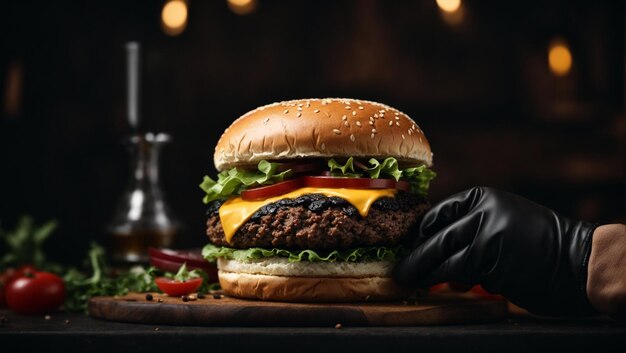 A chef holds a cheeseburger on a wooden board